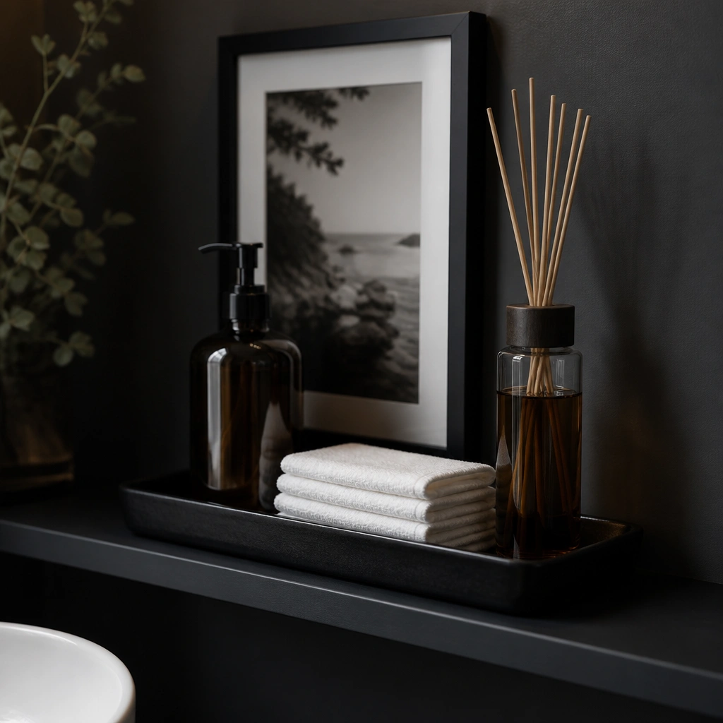 A narrow wall shelf in a half bathroom painted near-black. On the shelf: a black ceramic tray holding a dark glass hand soap dispenser, a stack of white hand towels, and a tall reed diffuser with amber liquid. Behind it, there’s a small framed photo in a dark frame.
