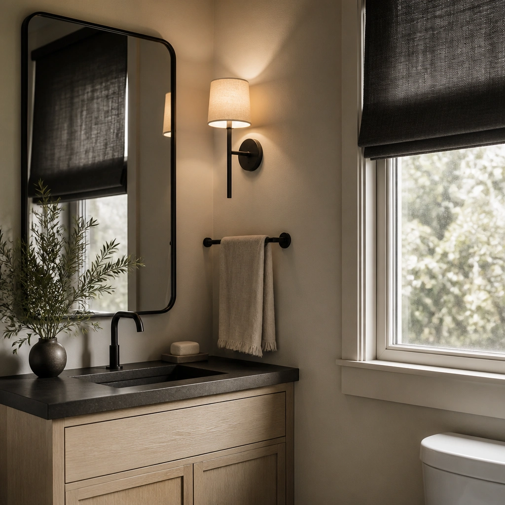 A half bathroom corner with a matte black rim mirror leaning against the wall or mounted. The window has a dark linen Roman shade in charcoal. The vanity is light with a dark countertop, and a small wall sconce provides warm light. A linen hand towel hangs on a black bar.