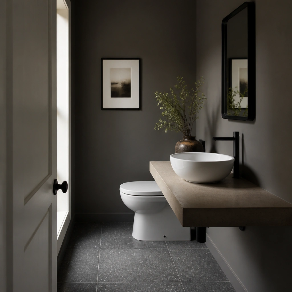 A half bathroom with dark cement-look floor tile featuring light speckling. The vanity is minimal with a white vessel sink and a dark faucet. Walls are painted a deep gray, and there’s a simple black-framed mirror above the sink.