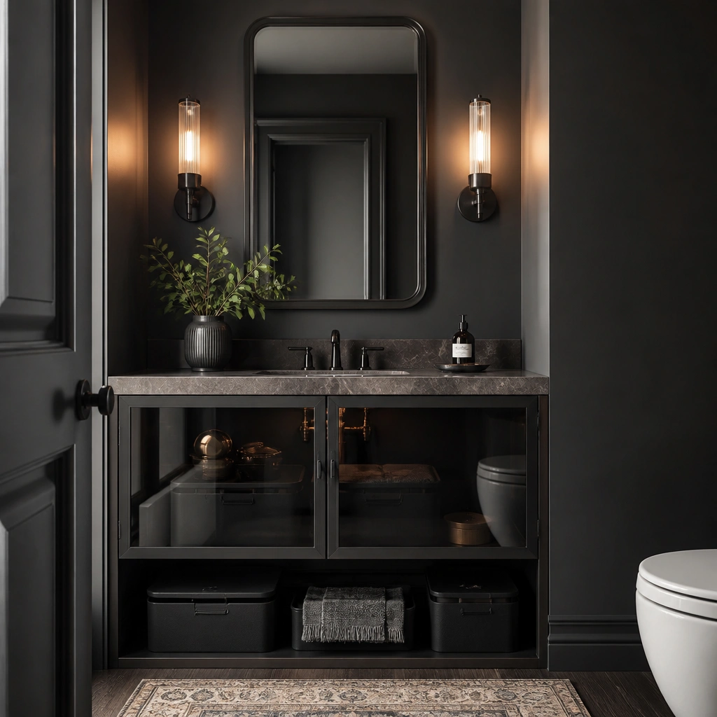 A half bathroom vanity with smoked glass cabinet doors that reflect the warm sconce light. The under-sink area is organized with black bins and a neatly folded cleaning cloth. A dark framed mirror is above the sink, and the walls are a deep charcoal tone.