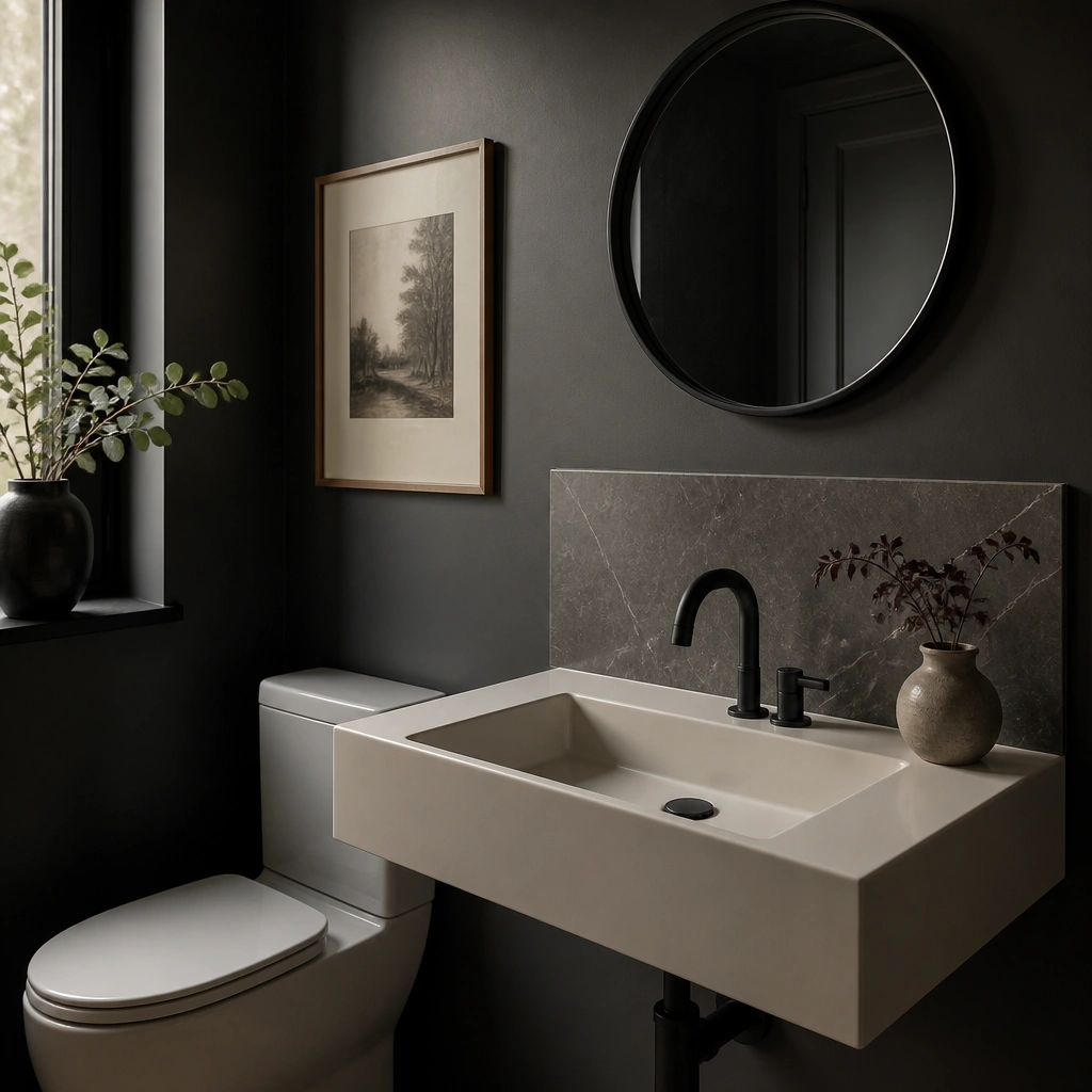 A half bathroom with a matte black faucet and matching drain. Behind the sink is a stone-look backsplash panel in dark gray with subtle veining. The wall paint is deep charcoal, and there’s a small round mirror with a black frame above the sink.