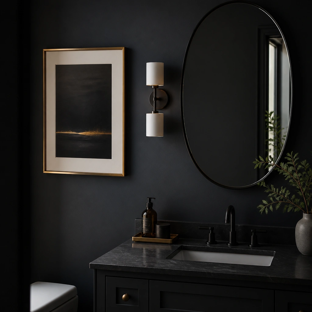 A half bathroom with deep blackened charcoal walls. A two-light sconce is mounted beside a framed gallery artwork. The mirror is a simple black oval shape. The artwork is dark-toned with a subtle gold detail, and the vanity countertop is dark with a minimal tray.