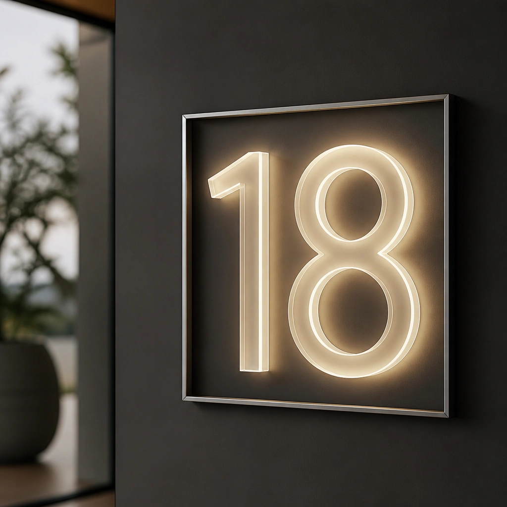 Clear acrylic numbers mounted in a slim metal frame, lit from behind so the numbers glow evenly on a dark gray wall.