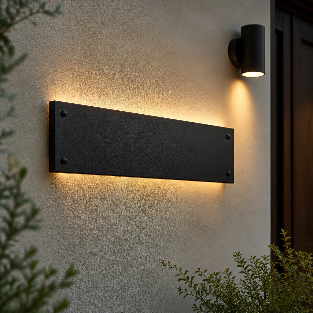 A rectangular black metal name plate with a matte finish, installed next to a small wall light; the LEDs cast an upward halo behind the letters.