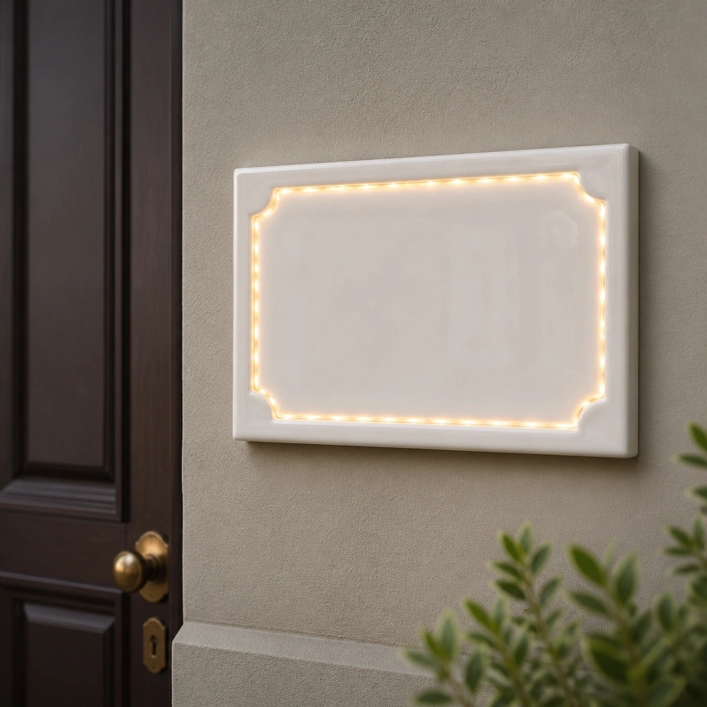 A white ceramic tile style name plate with raised letters, surrounded by a thin border of tiny LEDs, mounted near a front door on a beige exterior wall.