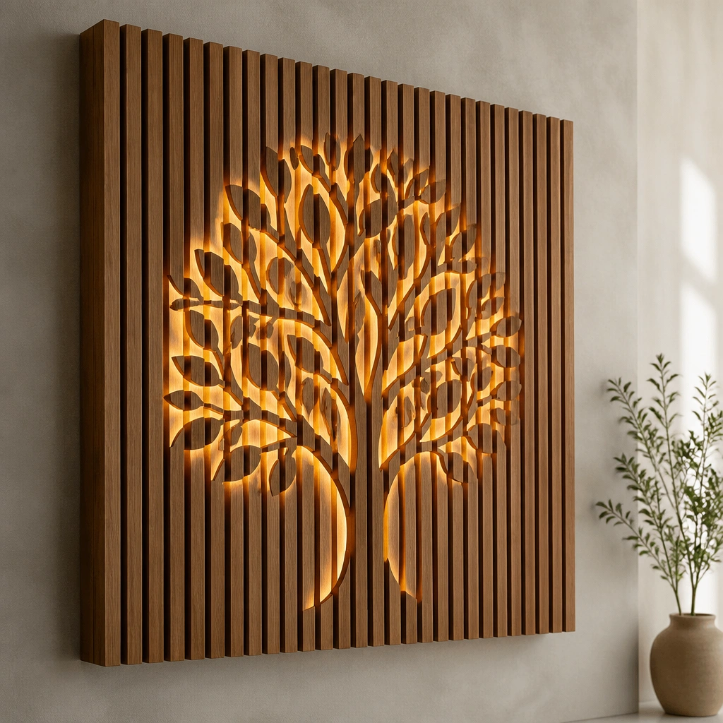 A warm wood slat sign with cut-out letters, where a hidden LED strip glows underneath the letters on a light neutral wall.