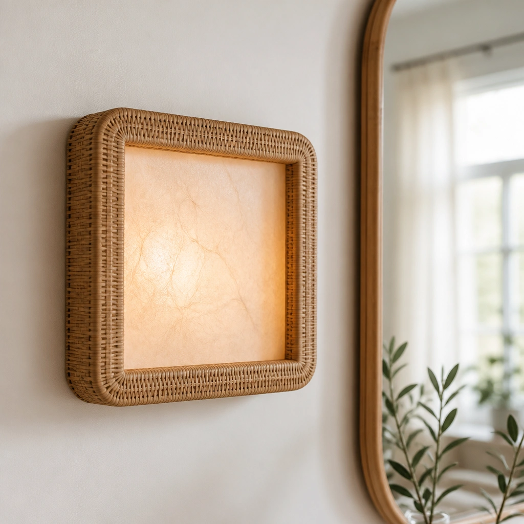 A shadowbox-style sign with a rattan frame and a softly glowing inner panel, mounted on a white wall beside a mirror.