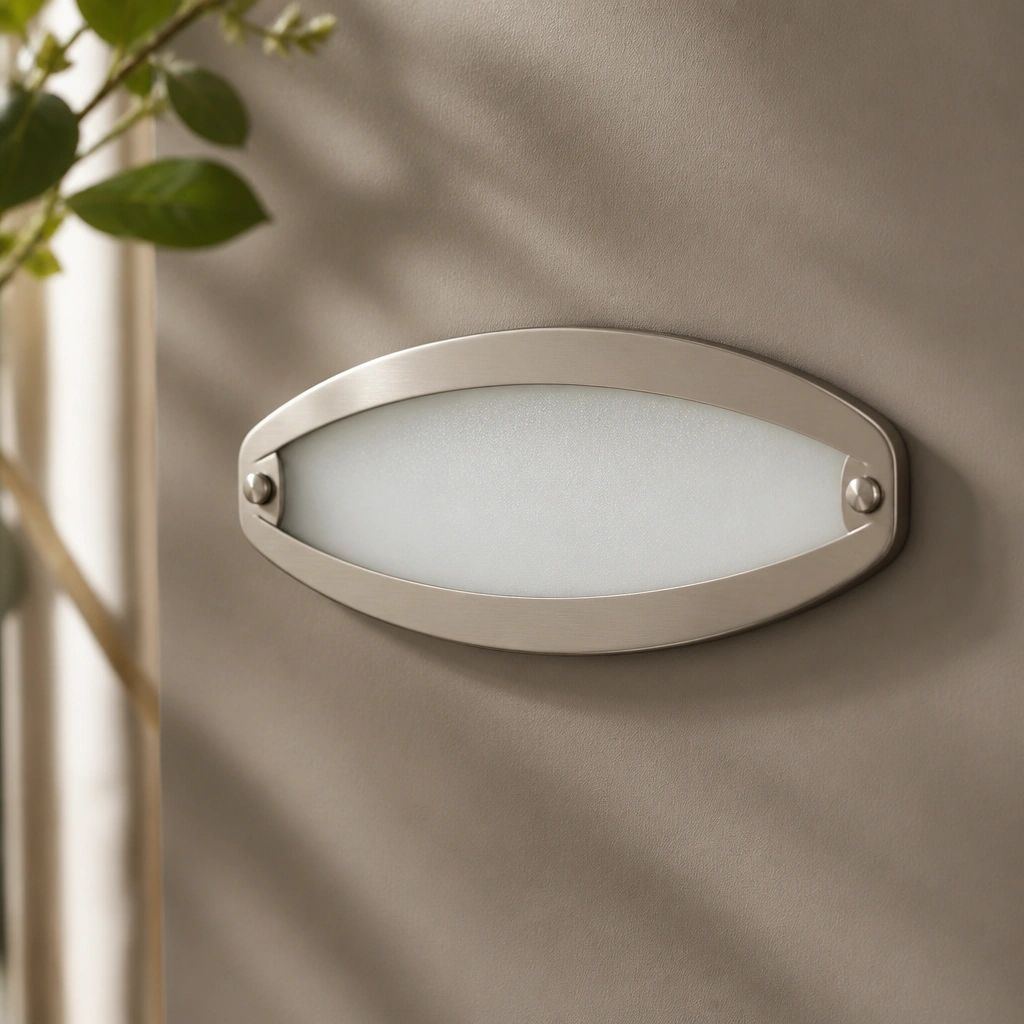 An oval satin nickel name plate with frosted glass behind the letters, softly lit on a taupe wall.