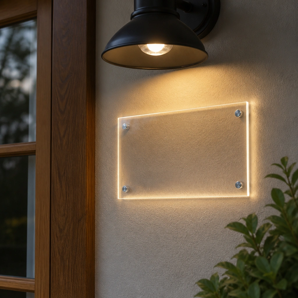 A clear acrylic name plate mounted under a covered porch light, glowing with a sealed LED strip outline in warm white.