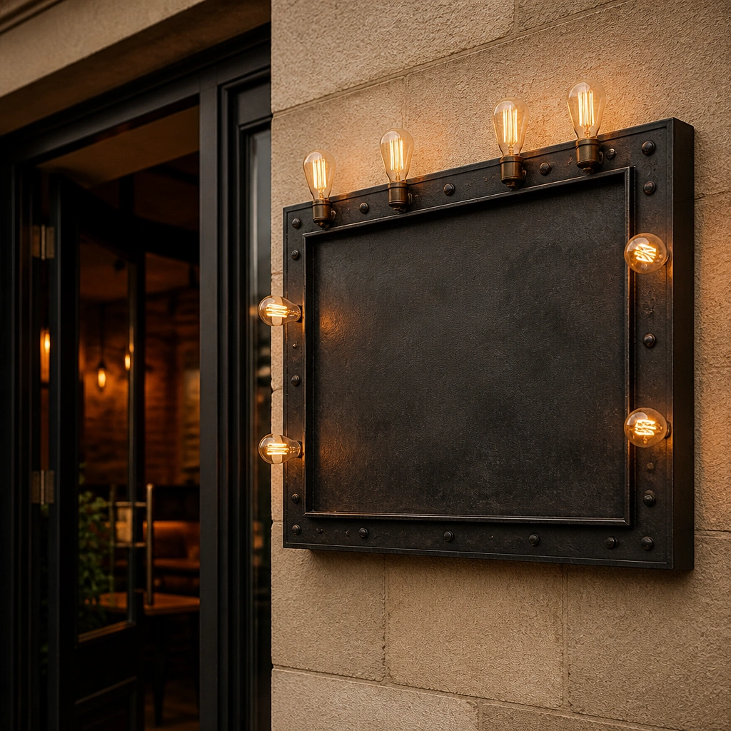 A dark metal name plate with amber glass Edison bulbs spaced along the top and sides, mounted beside a doorway with warm lighting.