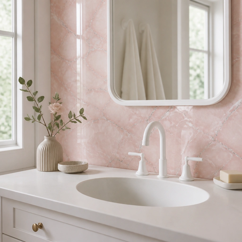 A rental bathroom vanity area with a glossy blush-pink faux marble contact sheet covering the wall behind the sink, softly veined like Carrara marble; a white faucet and mirror sit above it.