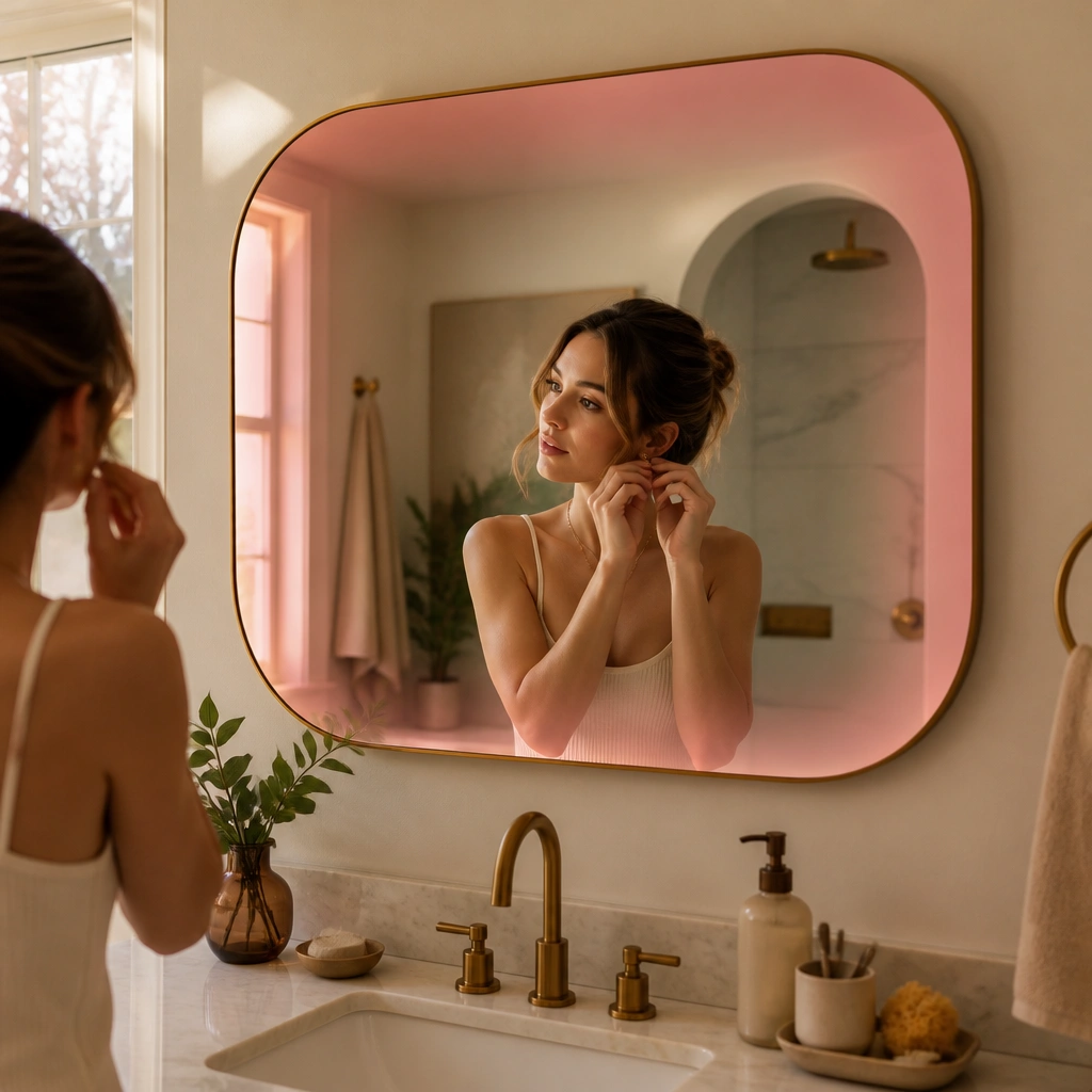 A bathroom mirror with a subtle pink tint film around the edges, creating a soft blush halo while the center stays clearer for grooming; the room lighting looks warmer.
