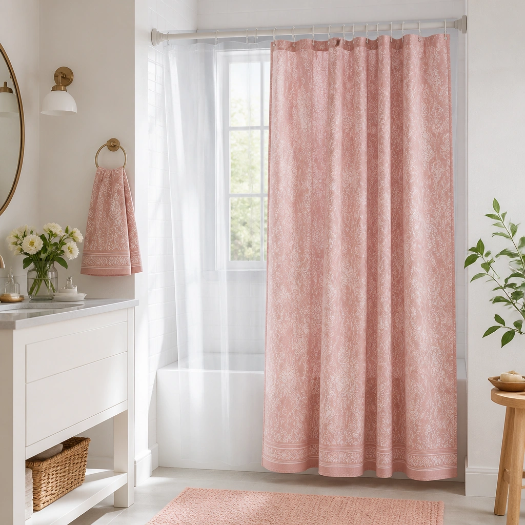 A pink patterned shower curtain layered over a clear/white liner, with a tension shower rod and a matching hand towel; the bathroom looks airy and bright.