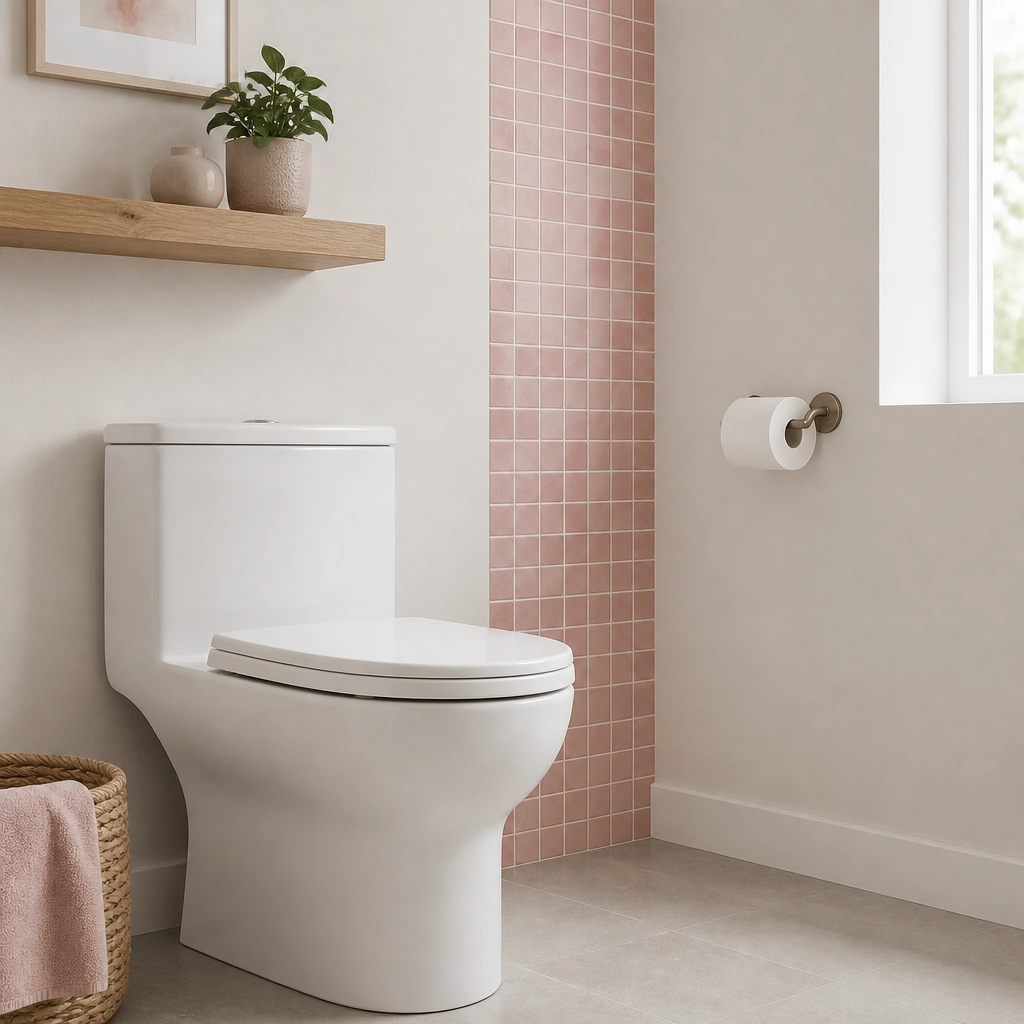 A vertical strip of small square pink tile decals in a repeating pattern on the wall beside the toilet, aligned like a mini backsplash; the floor is neutral and clean.