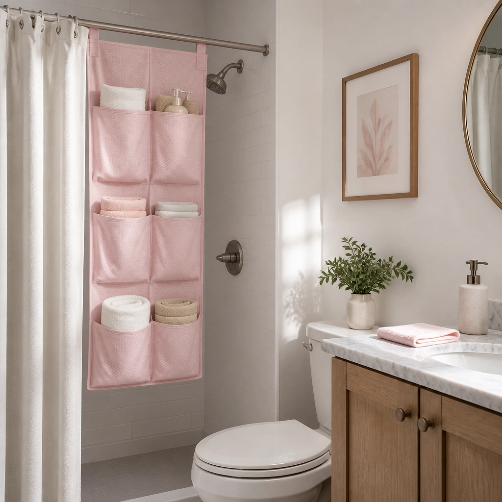 A compact bathroom with a tension rod installed inside the shower area or above a towel zone, holding a pink fabric shelf with multiple pockets; towels are neatly folded.