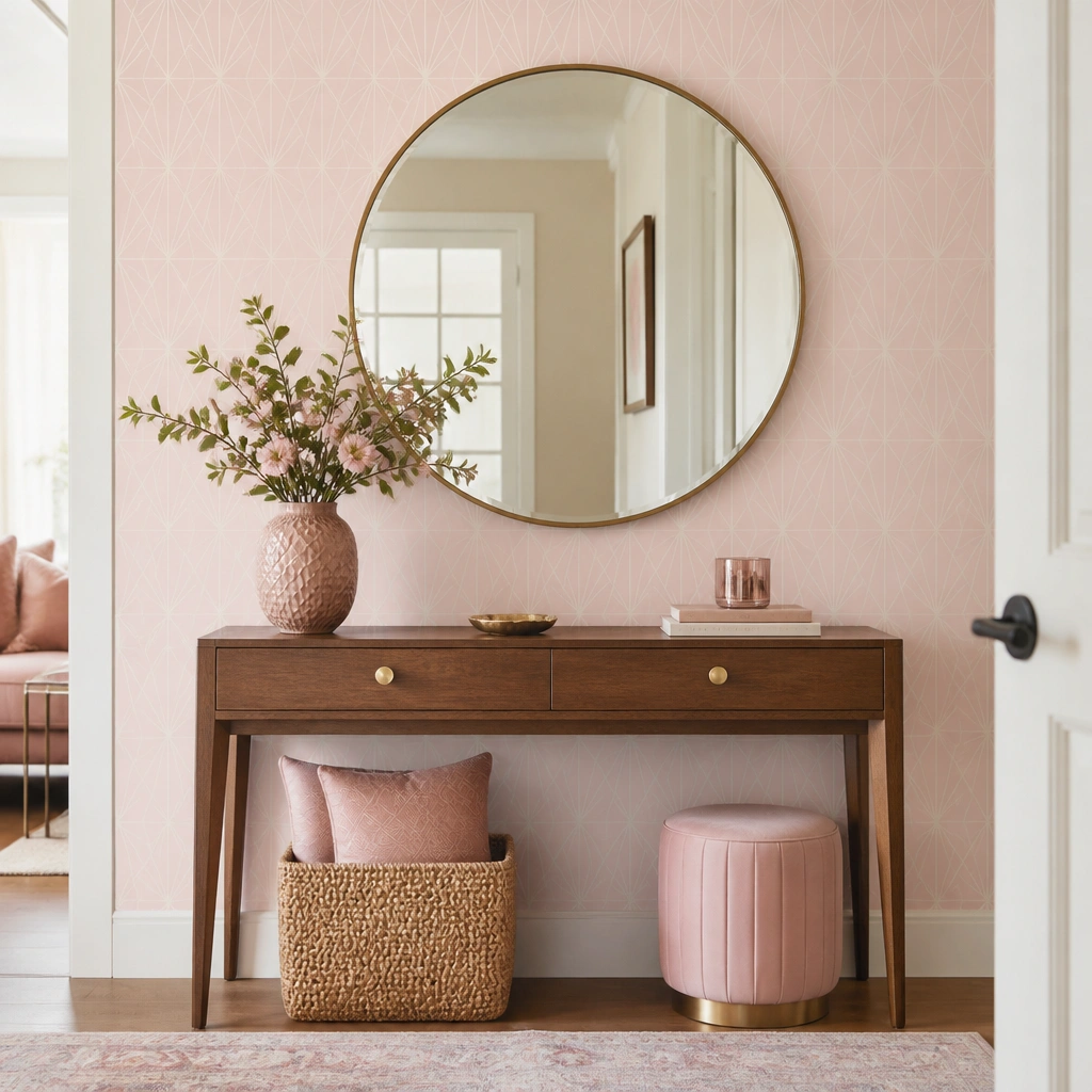 An entryway wall with peel-and-stick wallpaper in soft blush with a subtle geometric pattern behind a round mirror, coordinated with pink accents near a console.