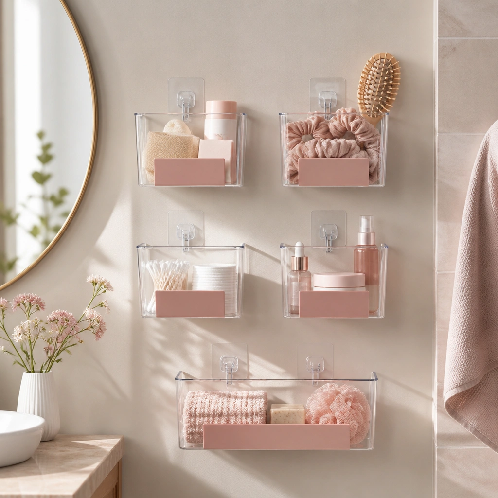 A bathroom wall with multiple pink-labeled clear acrylic bins hanging from strong adhesive hooks, each bin holding small essentials; labels are color-matched in blush.