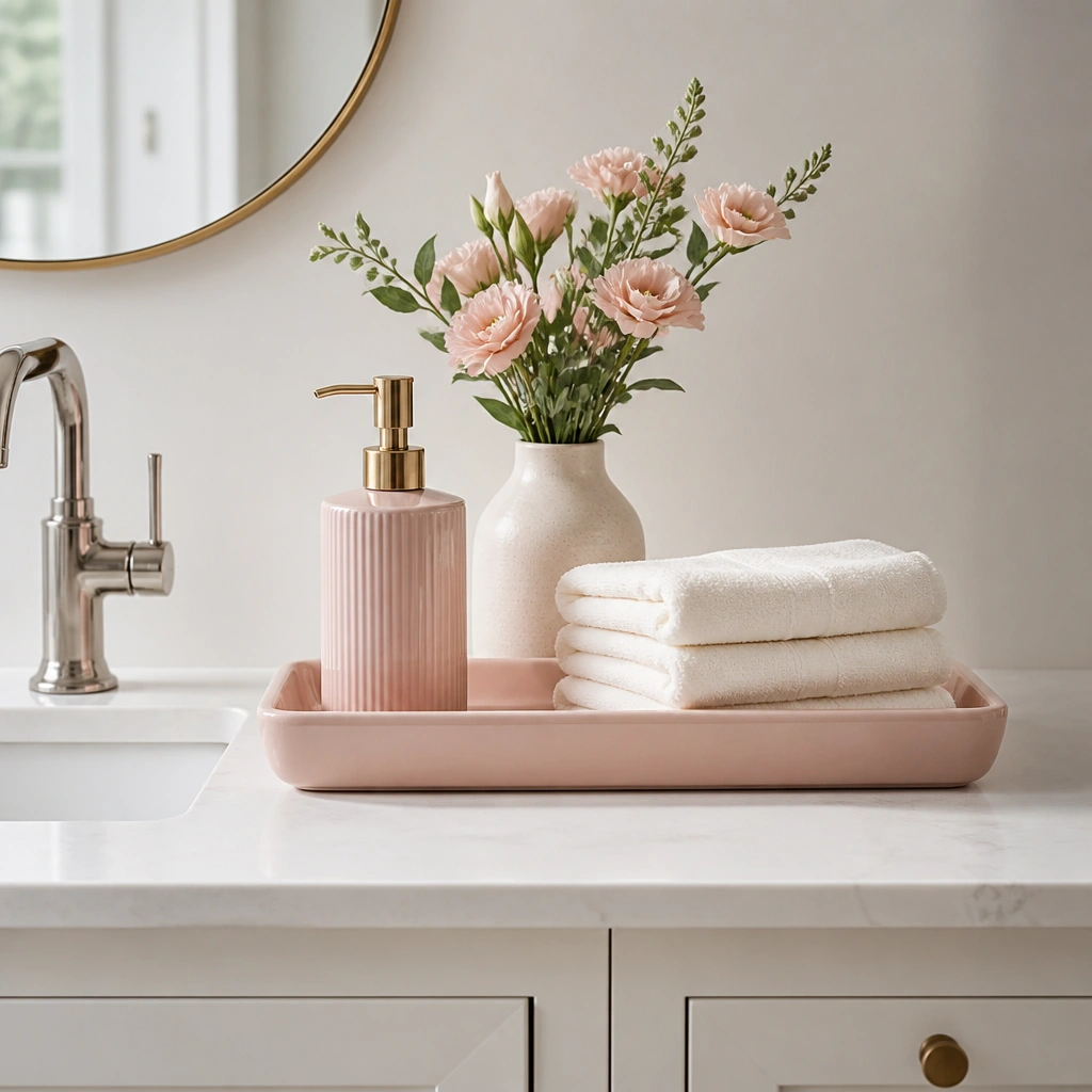 A white countertop vanity styled with a blush pink ceramic tray, a matching soap dispenser, and neatly stacked cotton towels; no wall mounting is visible.