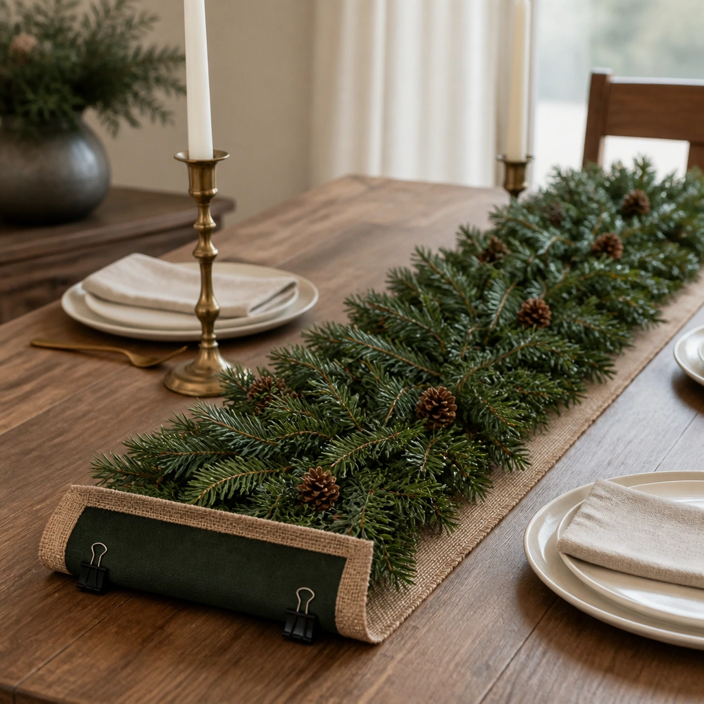 A long faux evergreen runner laid across a dining table, with small black binder-style clips visible on the underside near each end; burlap trim frames the edges and tiny pinecones dot the greenery.