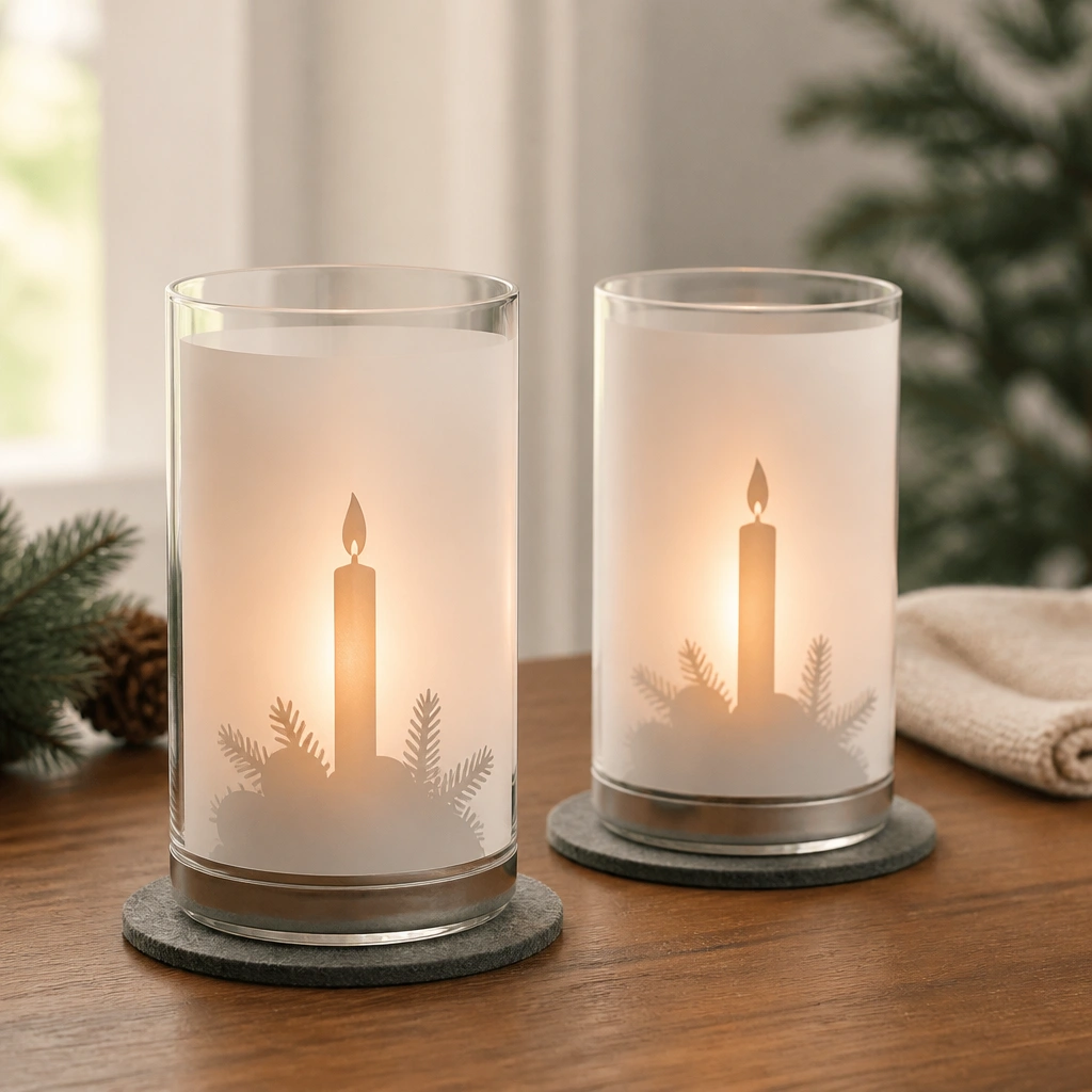 Two pillar candle covers made of clear acrylic and white frosted film, each resting on a round felt coaster; the base looks weighted and centered under a simple holiday candle silhouette.