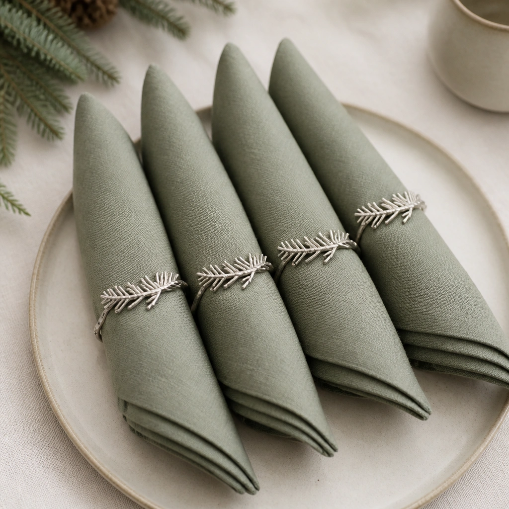Four napkins folded into crisp triangles with small metal magnetic rings around them; the rings are shaped like subtle evergreen sprigs in brushed silver.