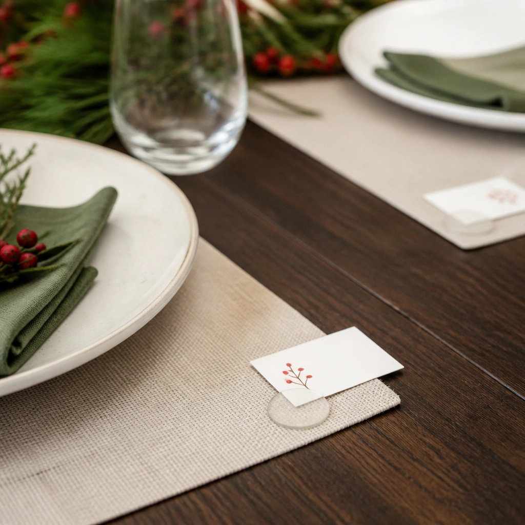 Mini place cards attached to small transparent reusable clings, each cling placed at the corner of a placemat; the cards have typed holiday names with a tiny red berry illustration.