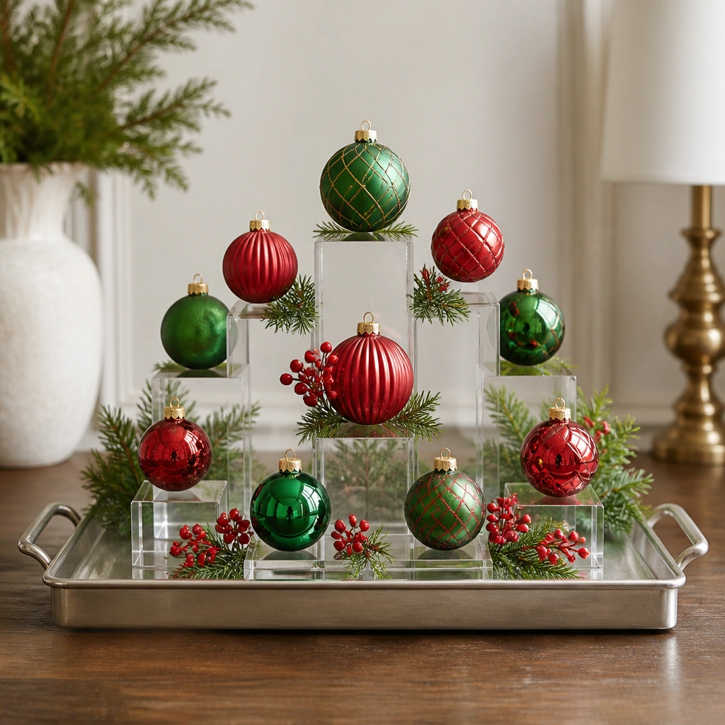A rectangular metal serving tray in the center with clear acrylic risers holding small red-and-green ornaments at different heights; everything looks layered and symmetrical.