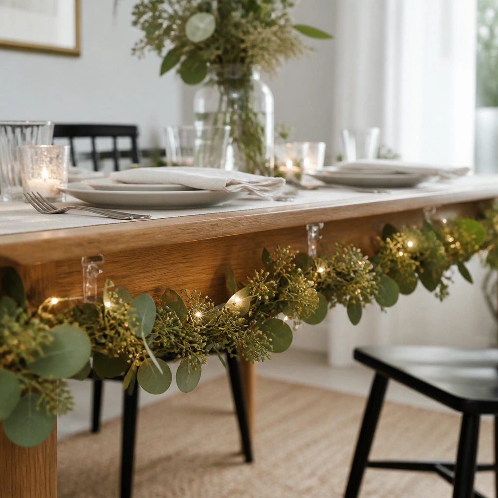 A thin garland draped along the front edge of a dining table, held by small clear tension hooks gripping the underside of the tabletop; tiny white string lights are woven in.