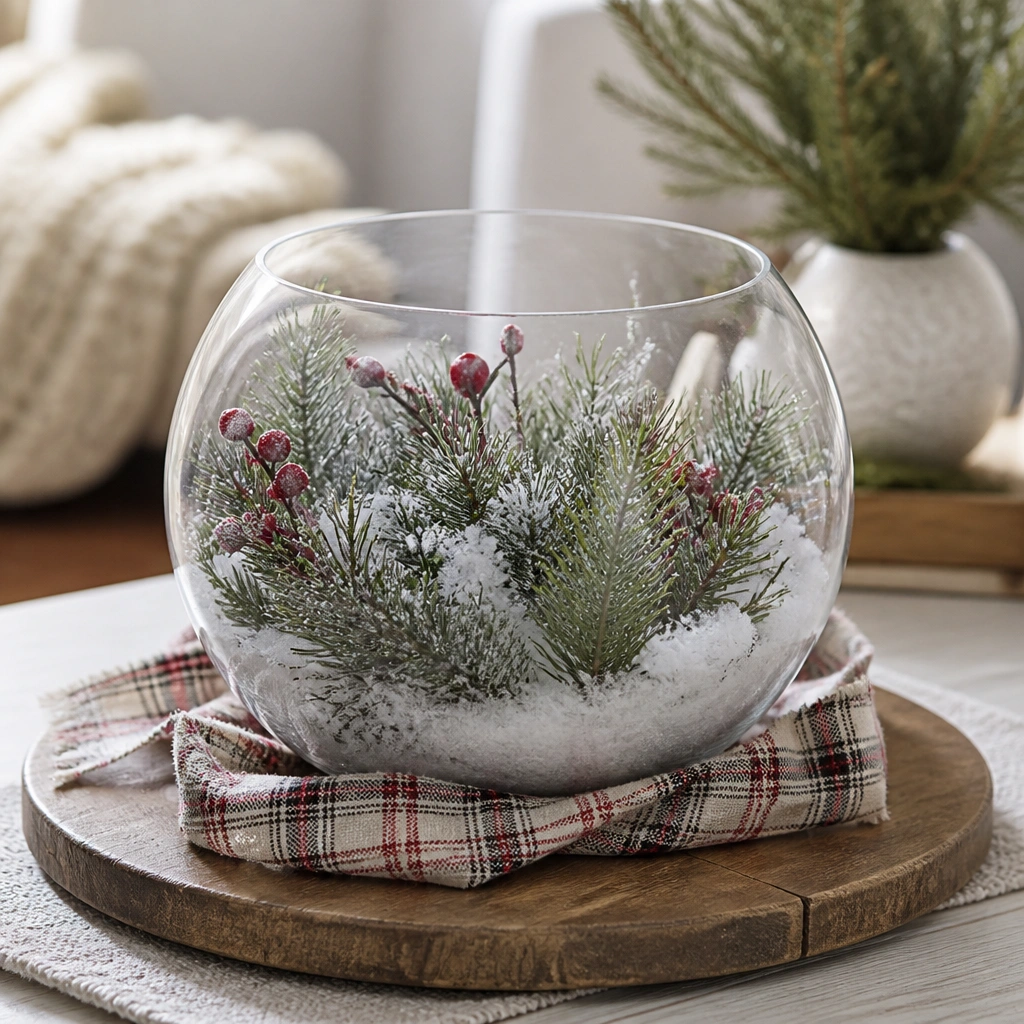 A clear glass bowl centerpiece filled with faux pine branches, white faux snow, and a few berry picks; the bowl sits on a round wooden board with a simple plaid ribbon underneath.