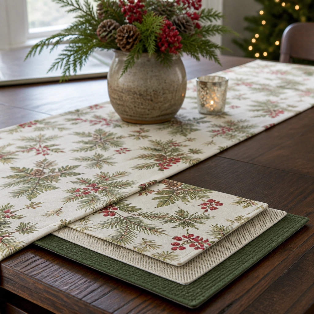 A patterned holiday runner with matching small placemat squares underneath, each layer separated by a thin non-slip liner; the top fabric looks smooth and centered.