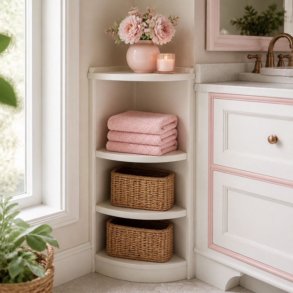 A small corner shelf beside a white vanity with a blush-pink trim. Two woven baskets sit on the lower shelf, and a few neatly folded pink hand towels are stacked above.