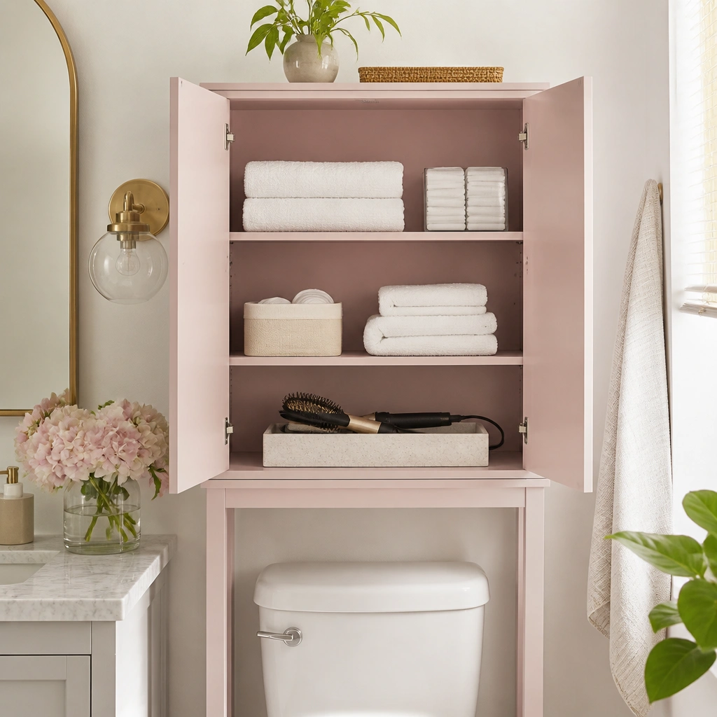 A blush-pink over-the-toilet cabinet with two glass-free doors and adjustable interior shelves. Inside are stacked white towels, a small bin for cotton pads, and a tray for hair tools.