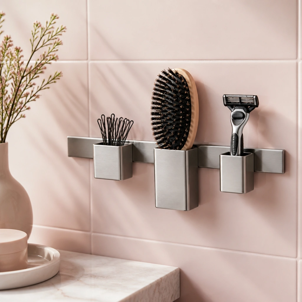 A slim brushed-metal magnetic rail mounted on a light pink backsplash. Small metal caddies hold bobby pins, a compact hair brush, and a razor with a guard; everything is aligned in a row.