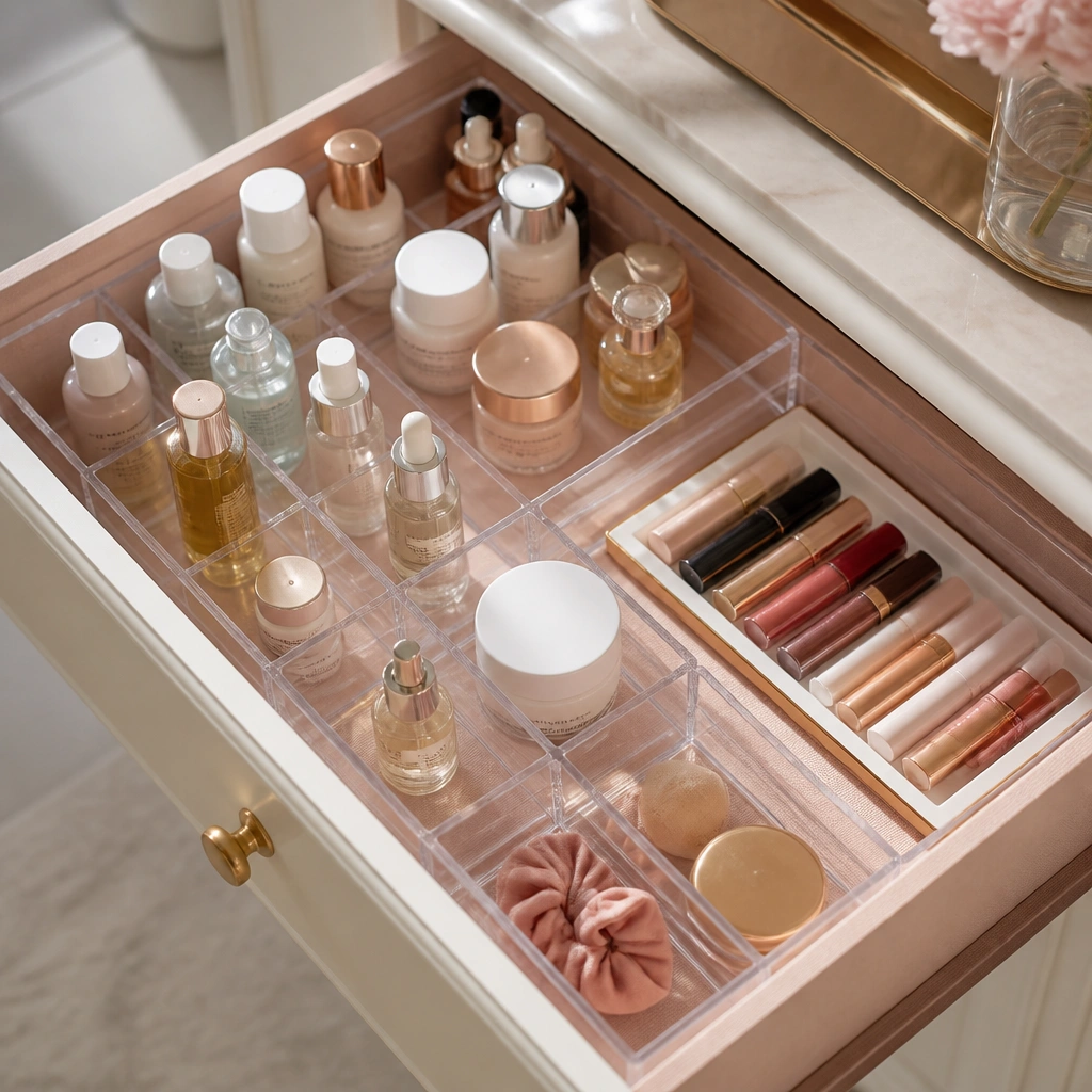 A vanity drawer with custom-fit dividers. Clear acrylic compartments hold skincare bottles, a small tray keeps lip products in a neat row, and a soft blush liner covers the base.