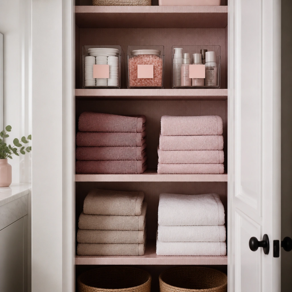 A linen closet with shelves lined in blush. Stackable clear containers hold cotton pads, bath salts, and spare skincare. Pink labels sit on the front, and folded towels are color-sorted by shade.