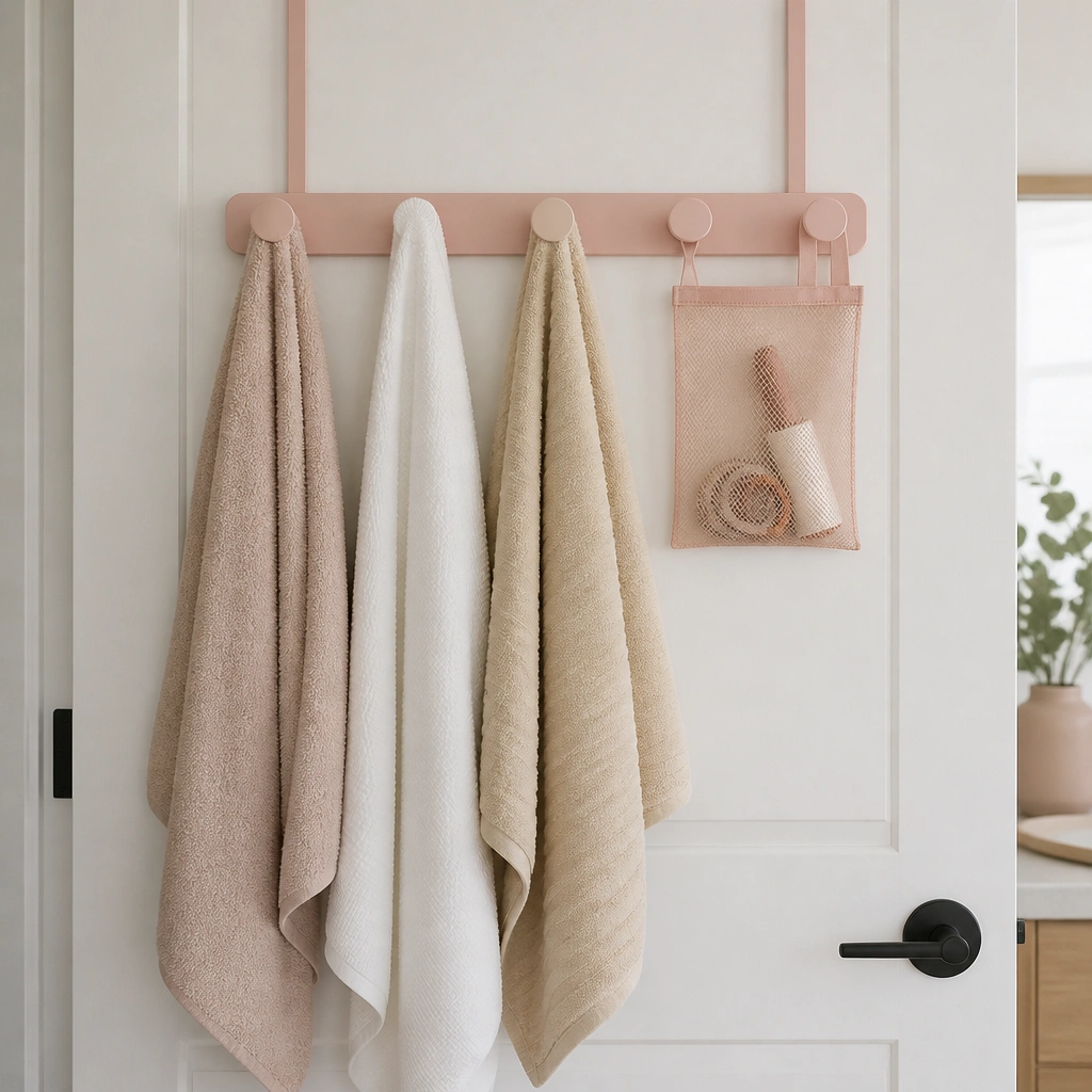 The back of a bathroom door with a blush hook bar. Three towels hang over the hooks, and a small mesh pocket organizer holds hair ties and a mini lint roller.