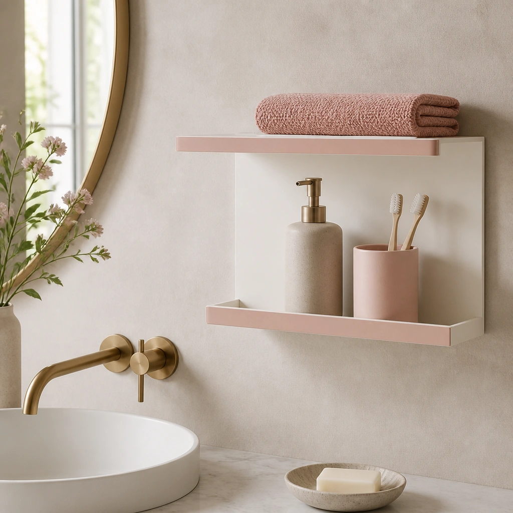 A floating shelf in matte white with a small blush edge sits above the sink. On the lower lip is a shallow tray holding a pump soap dispenser and a toothbrush cup; the shelf holds a folded pink hand towel.