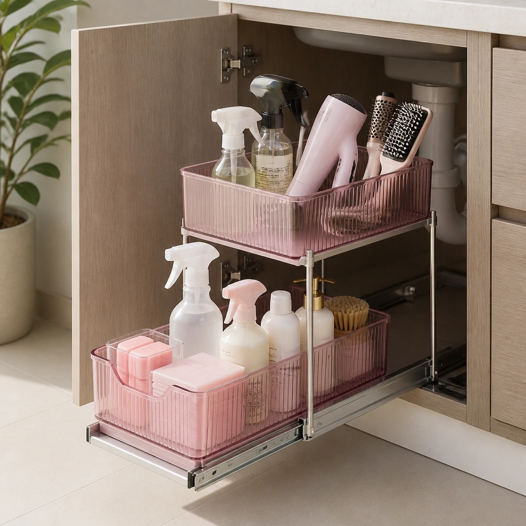 An under-sink pull-out organizer with two levels. Pink-tinted bins hold cleaning spray, hair tools, and spare soap; the caddy glides out smoothly on metal rails.