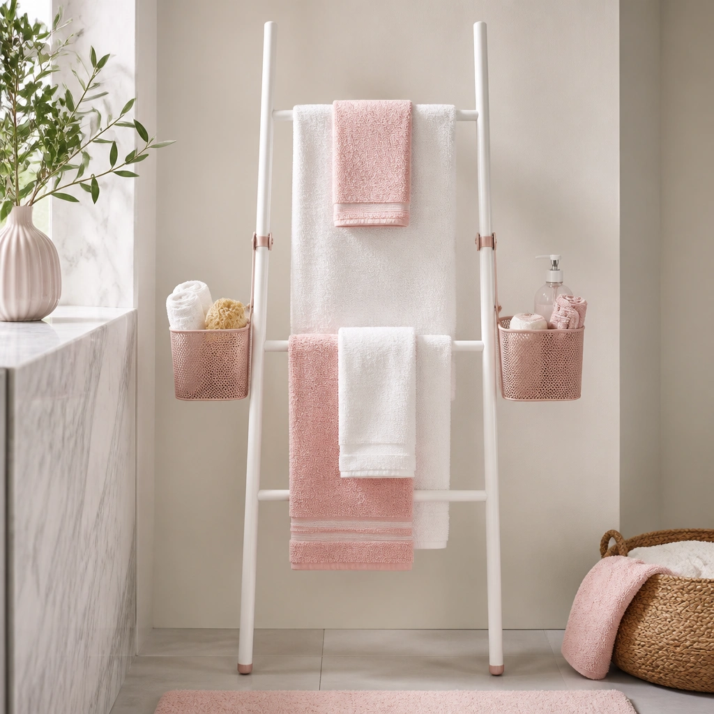 A slim white towel ladder with blush accents. Towels hang on the rungs, and two removable hanging baskets clip onto the sides with a few rolled washcloths and spare bath accessories inside.