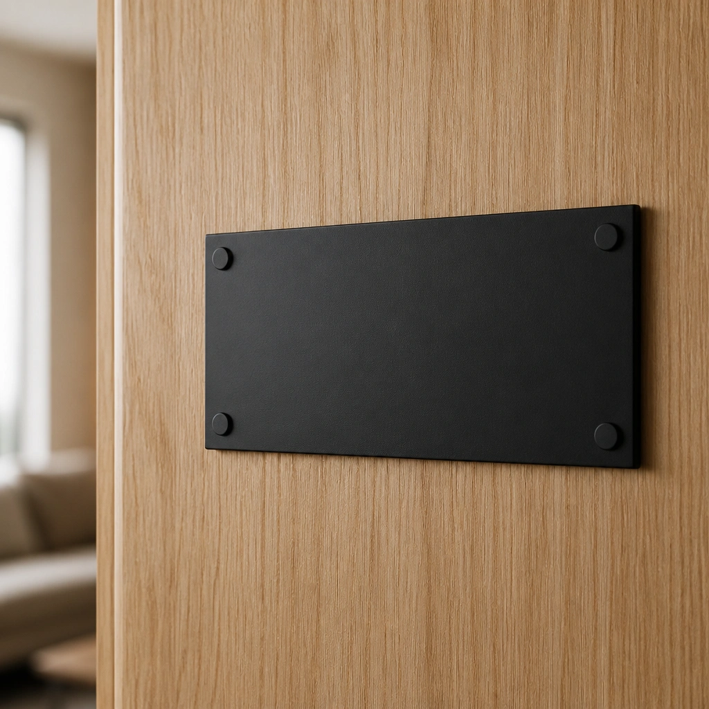 A matte black rectangular name plate mounted on a light wood apartment door, with crisp white engraved letters and small removable corner pads visible at the edges.