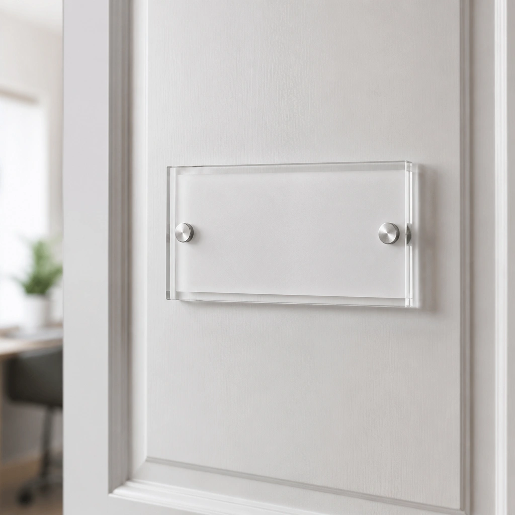 A clear acrylic name plate with a frosted backing mounted near the center of a white door, showing back-printed black letters and subtle shine in the light.