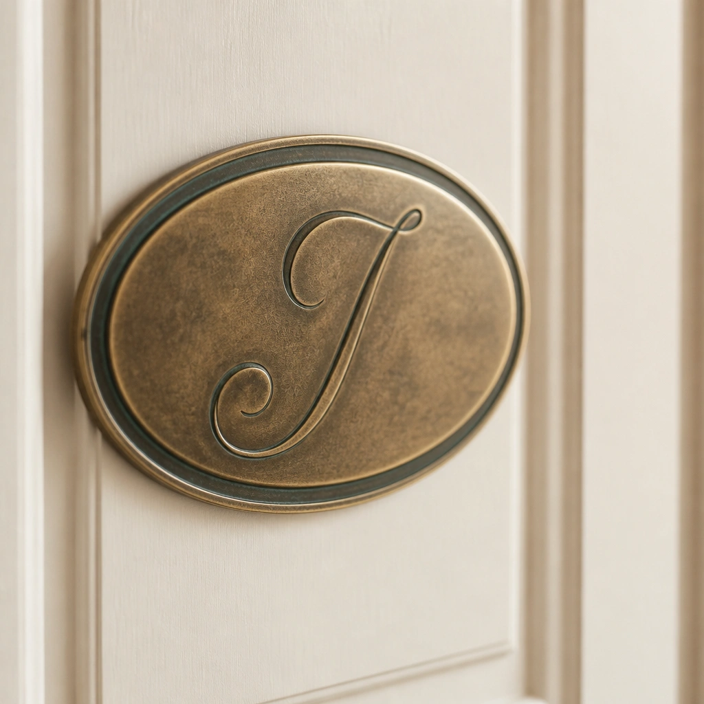 An oval brass-toned name plate on a cream door, with dark greenish patina highlights and a script-style initial, attached with thin adhesive strips along the back edge.
