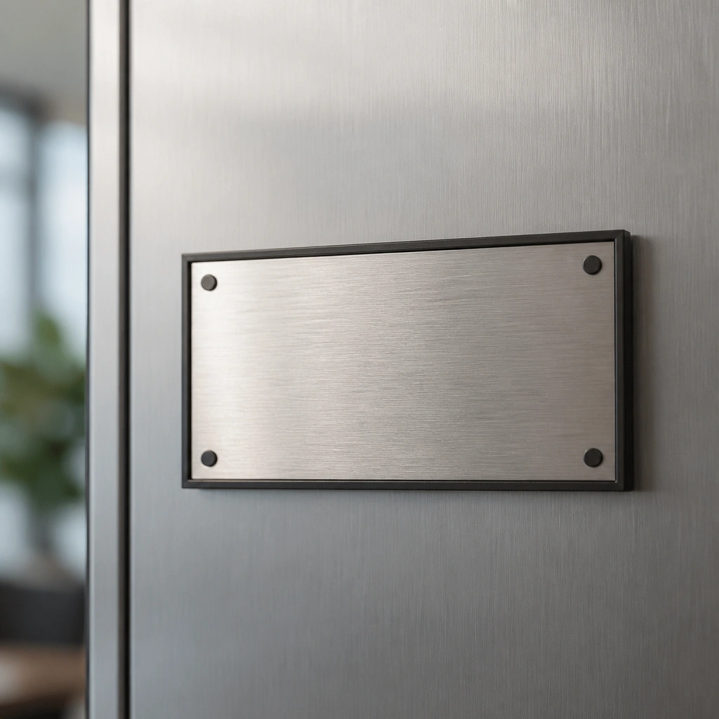 A stainless steel magnetic name plate with black lettering sitting on a brushed metal door, with small magnets at the corners visible through a slim frame.
