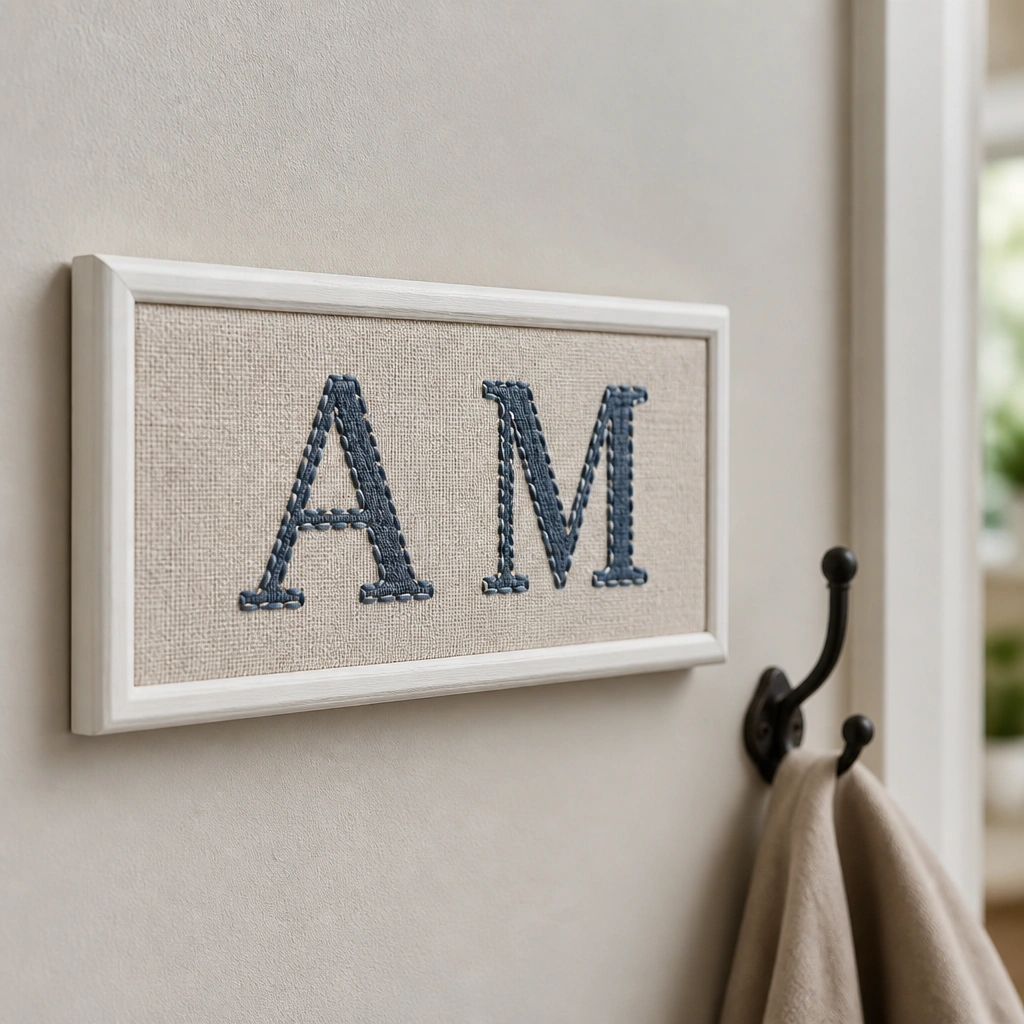 A rectangular name plate with a linen fabric backing and a white border, mounted on a hallway wall near a coat hook, showing stitched-style letters.