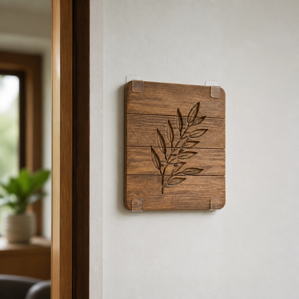 A small wooden slat plaque with rounded corners and carved lettering mounted on a white wall beside a doorway, secured with clear removable mounting strips at the corners.