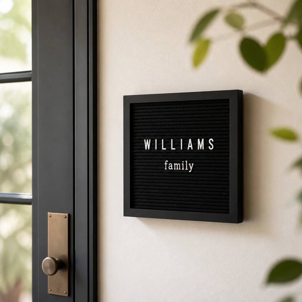 A small letter board with black frame and white letters, mounted near a door, with a mix of uppercase letters spelling a last name and a smaller word beneath.