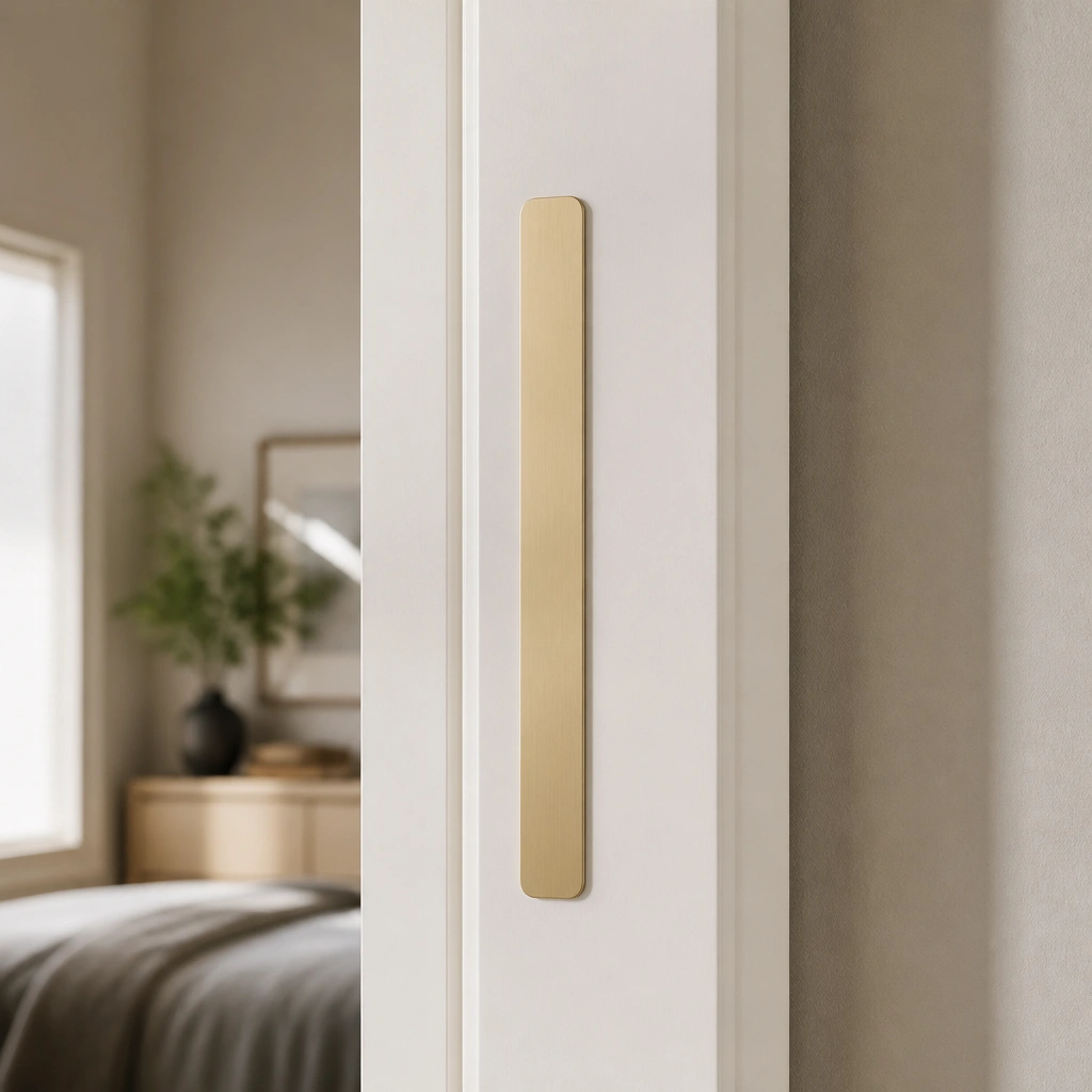 A slim vertical name plate placed on the inside edge of a doorframe, with minimalist sans-serif letters and adhesive strips that sit flat against the frame.