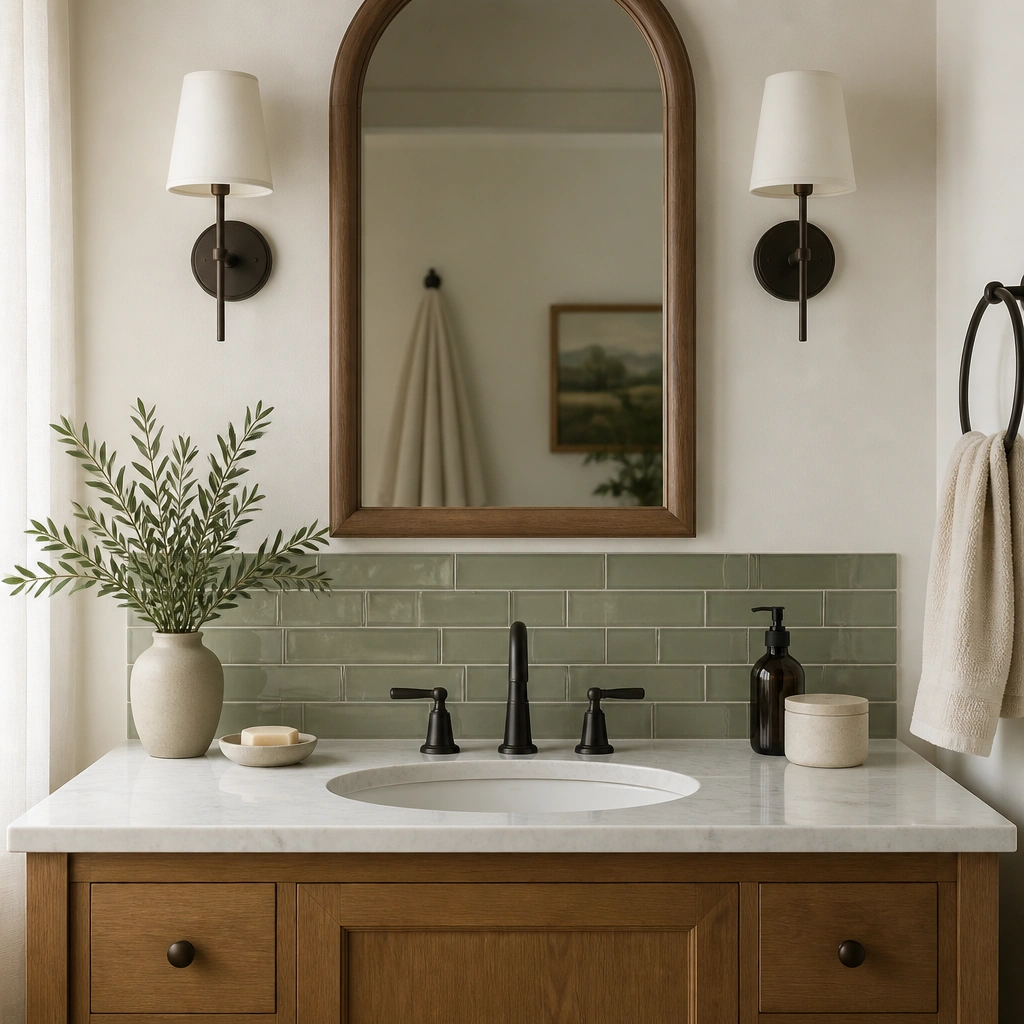 A bathroom sink with a small green peel-and-stick tile rectangle backing the vanity, using glossy sage tiles with grout-look lines; the faucet and mirror remain unchanged.