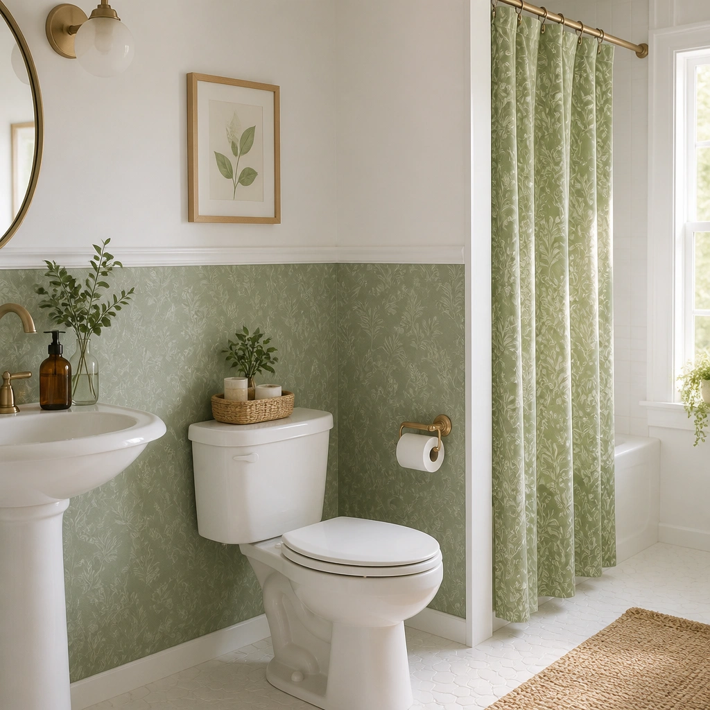A green bathroom half-wall effect created with removable wallpaper in a subtle botanical pattern, paired with a simple white trim line above and a matching shower curtain.