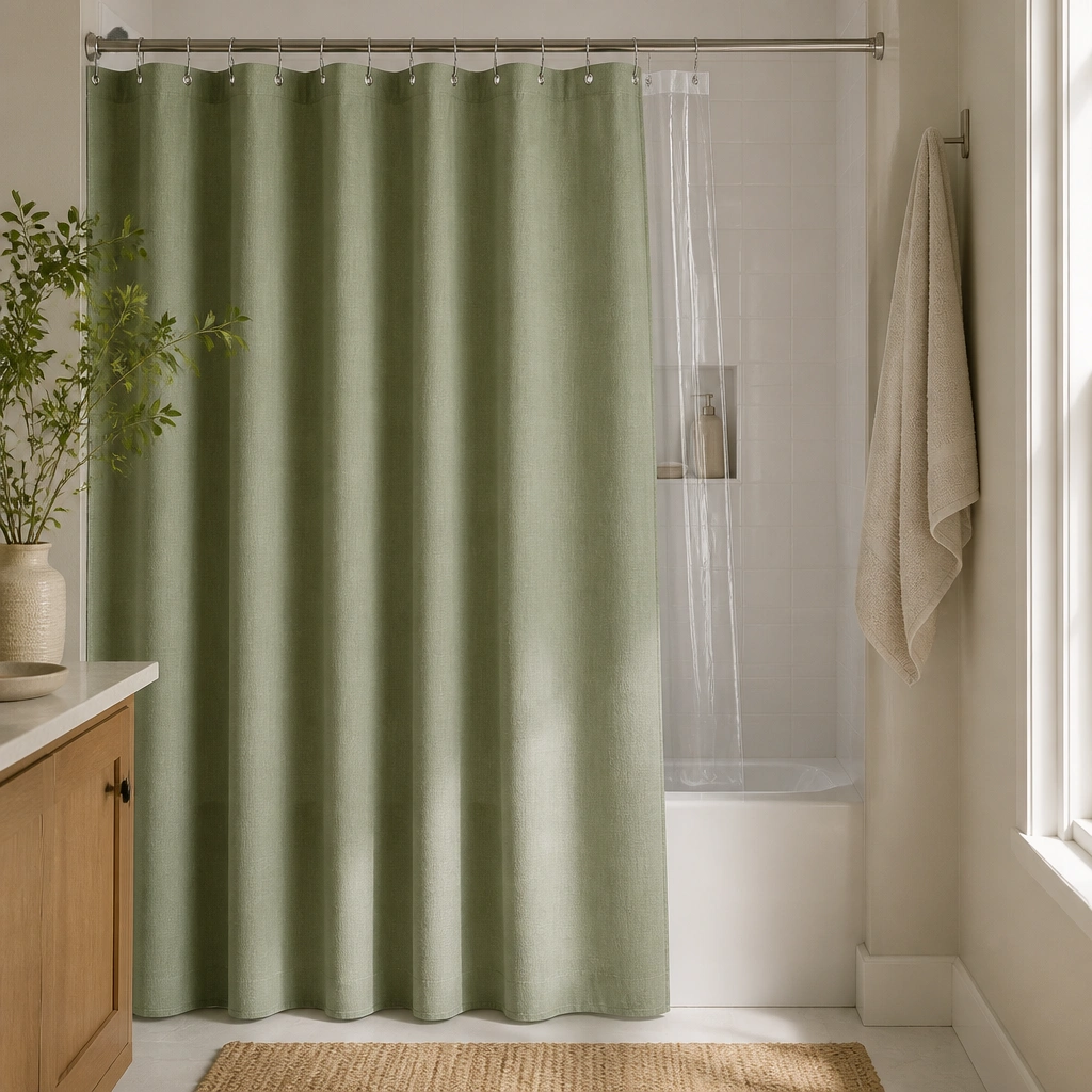 A standard shower with a sage green fabric curtain hanging from a tension rod, with a clear mildew-resistant liner behind it; the curtain has a subtle texture.
